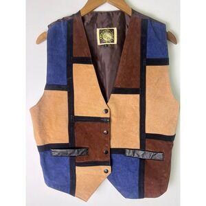 VTG Learsi Patchwork Leather Vest Men LG Suede Colorblock Western Cowboy Rodeo